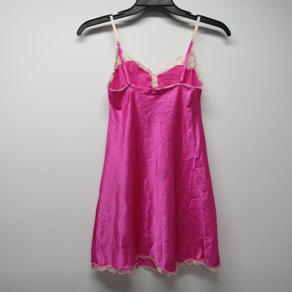 Victoria's Secret Shiny Hot Pink Satin Lace Trim Mini Slip Dress Chemise sz M - Picture 2 of 4